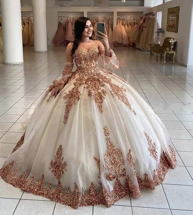 Rose Gold Brautkleid Keola Schulterfrei mit Strass und Spitze&nbsp;Applikationen