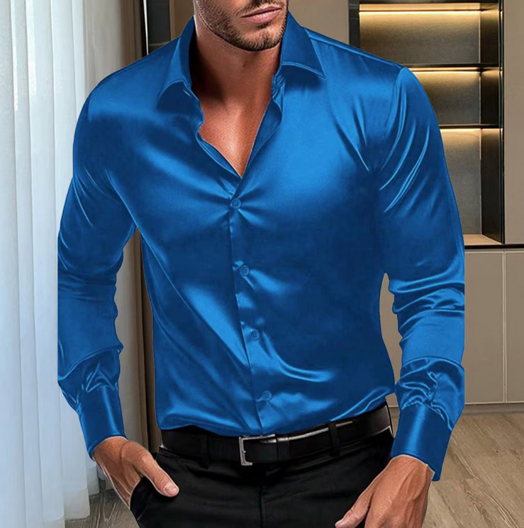Satin Langarm Herren Hemd Elegant in&nbsp;Blau