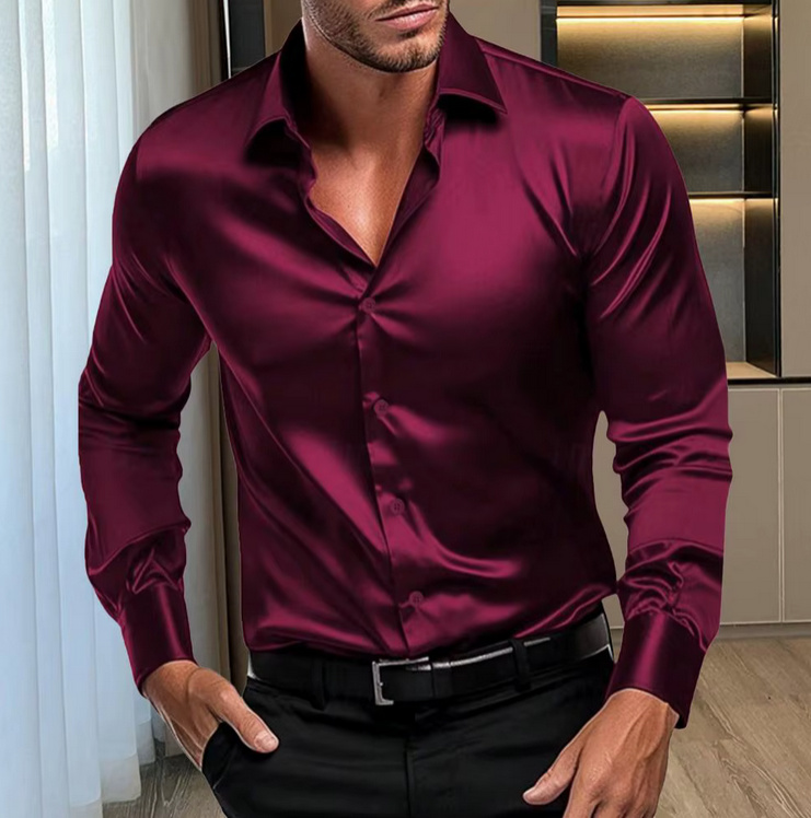 Satin Langarm Herren Hemd Elegant in&nbsp;Dunkelrot
