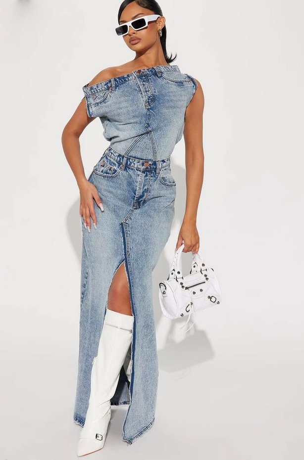 Schulterfreies Jeans Sommer Outfit für Damen Rock mit Shirt im&nbsp;Set