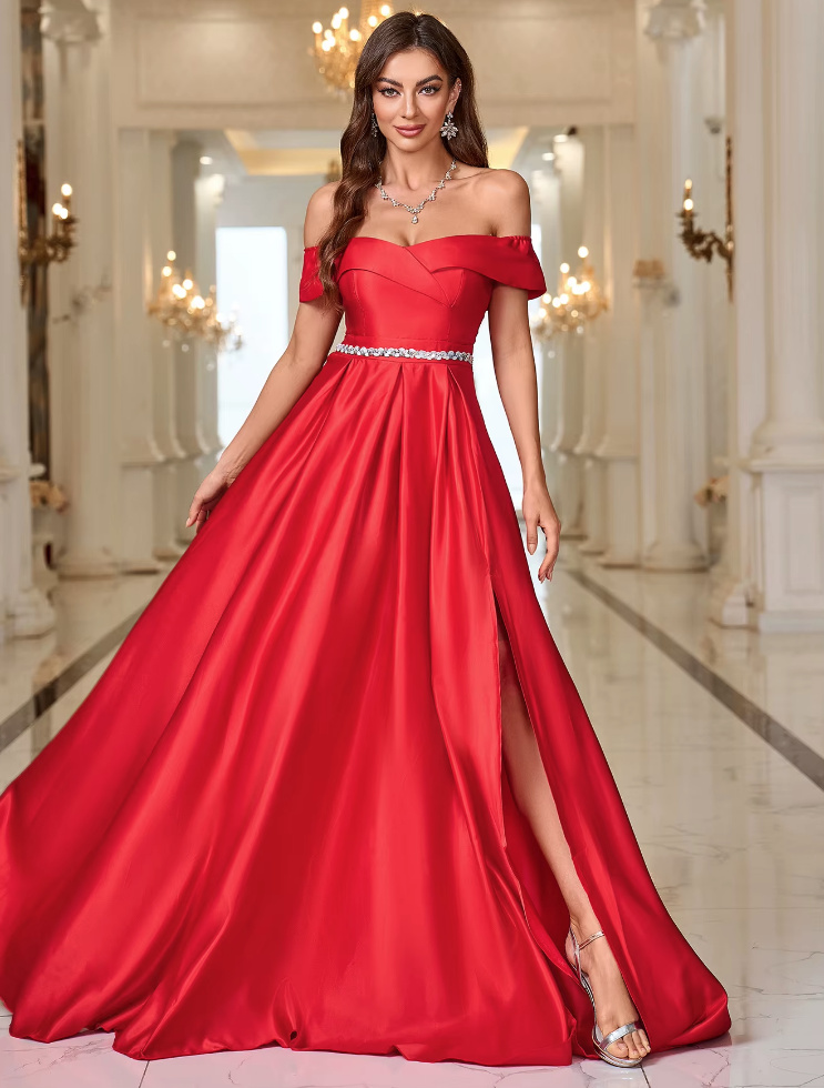 Schulterfreies Satin Abendkleid in Rot mit Schärpe und Sexy&nbsp;Schlitz