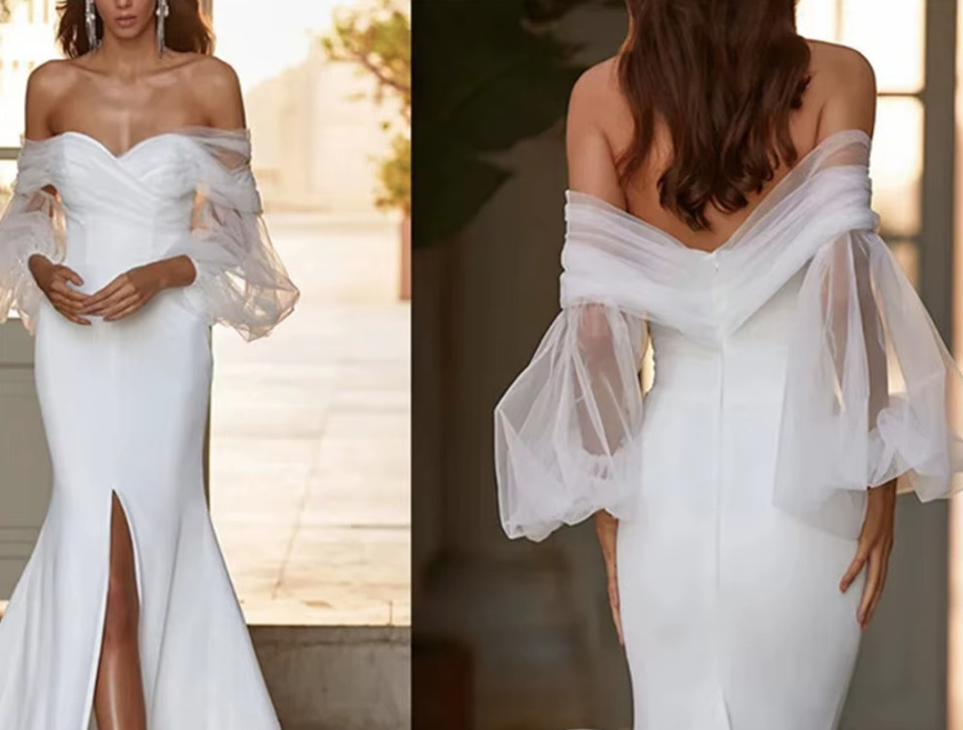 Schulterfreies Standesamtkleid Eireann in Weiß mit Tüll&nbsp;Ärmel