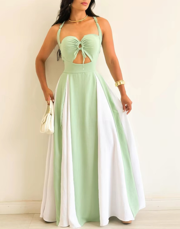 Sexy Cut Out Maxikleid Ärmellos in Grün&nbsp;Weiß