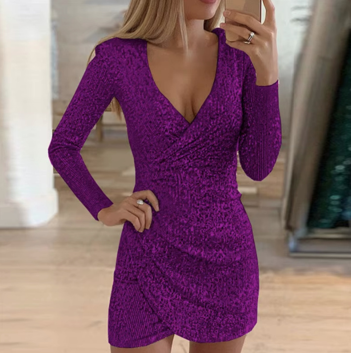 Sexy Mini Langarm Glitzer Kleid in&nbsp;Lila