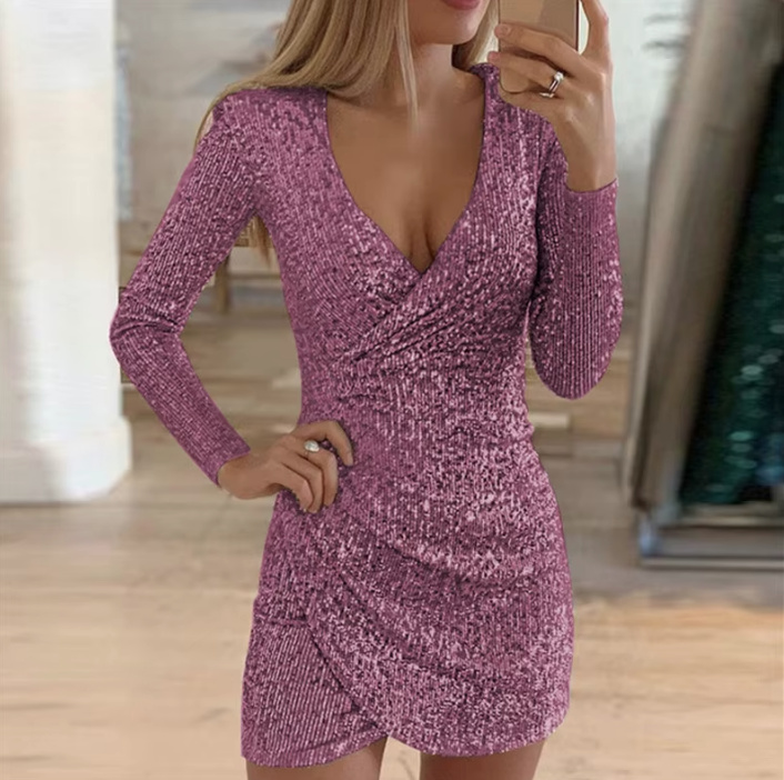 Sexy Mini Langarm Glitzer Kleid in&nbsp;Rosa
