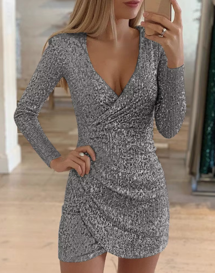 Sexy Mini Langarm Glitzer Kleid in&nbsp;Silber