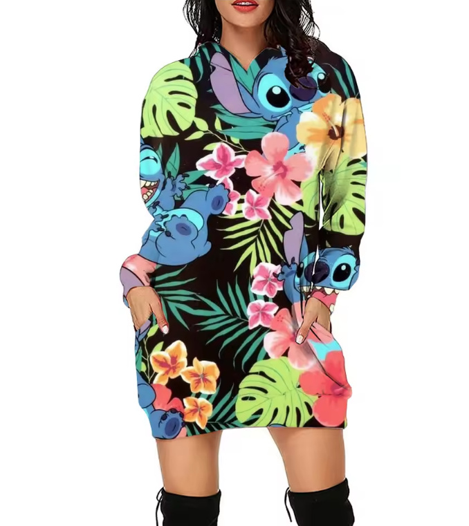 Stich Print Damen Long Hoodie Dala&nbsp;Bunt