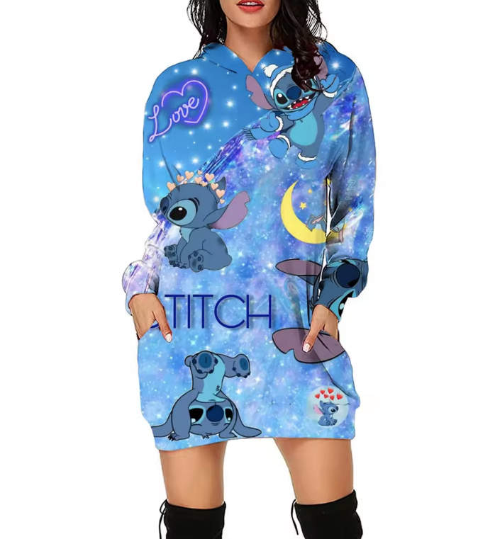 Stich Print Damen Long Hoodie Dala&nbsp;Hellblau