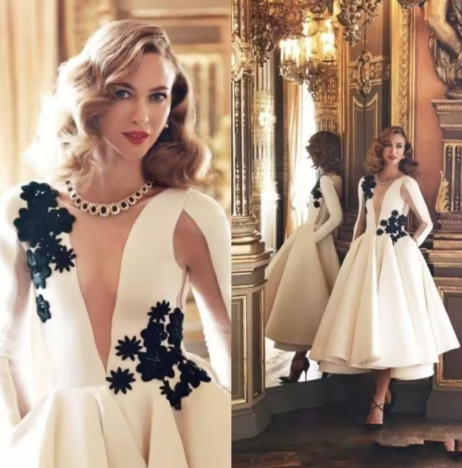 Vintage Style Langarm Brautkleid mit Rafungen und&nbsp;Blumen