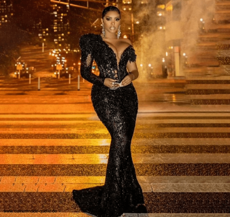 One Shoulder Fit and Flare Glitzer Abendkleid in&nbsp;Schwarz