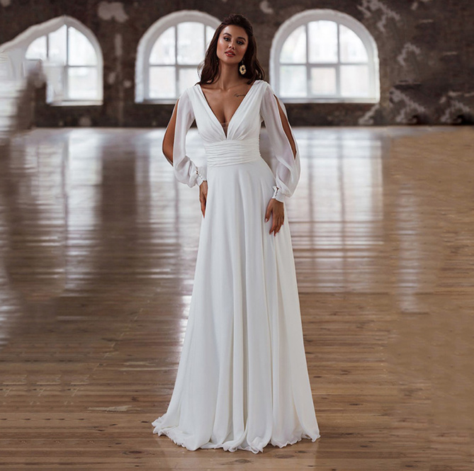 Chiffon Brautkleid Fiona Bodenlang mit Cut Out&nbsp;Ärmel