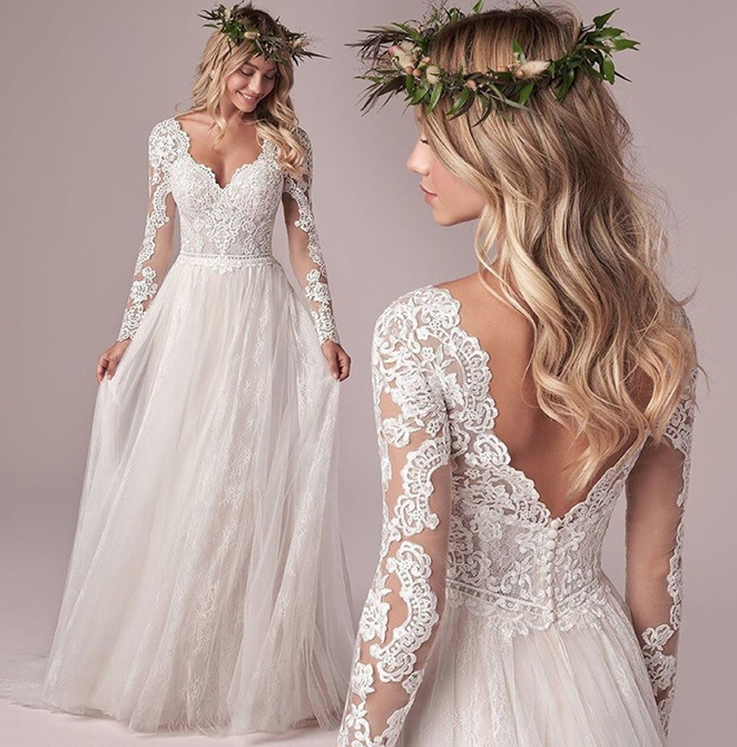 Langarm Boho Brautkleid Floriane mit Tüll Rock&nbsp;Bodenlang