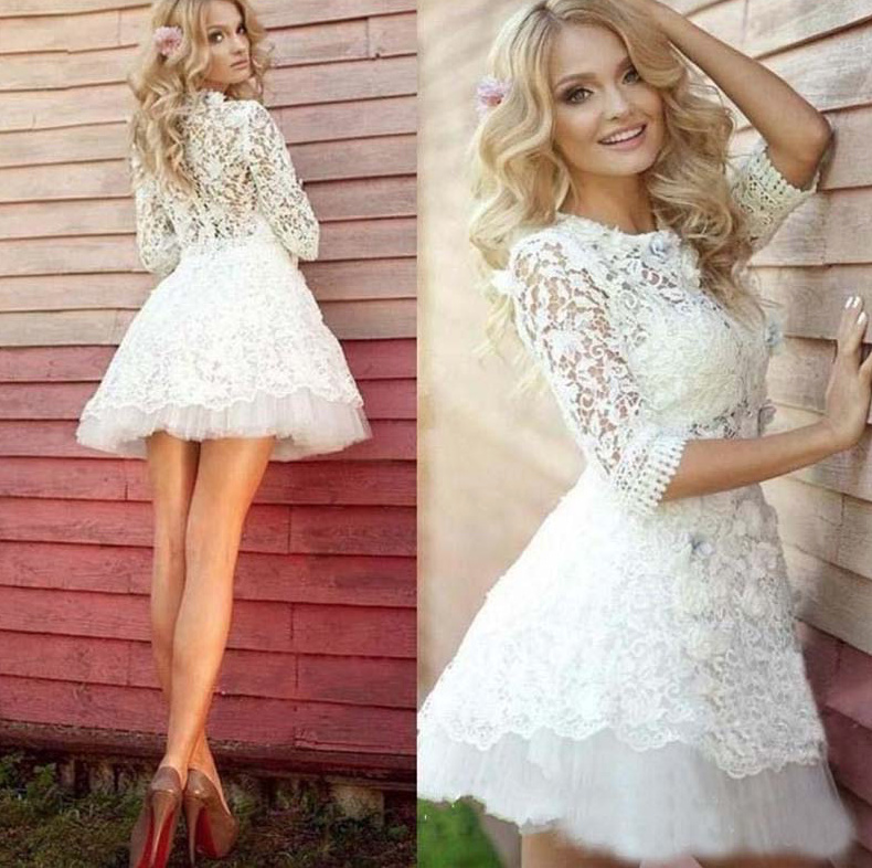 Sexy Mini Brautkleid Faith mit Spitze und Dreiviertel&nbsp;Ärmel