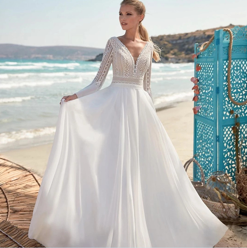 A-Linie Langarm Boho Brautkleid Florin mit Spitze und V&nbsp;Ausschnitt
