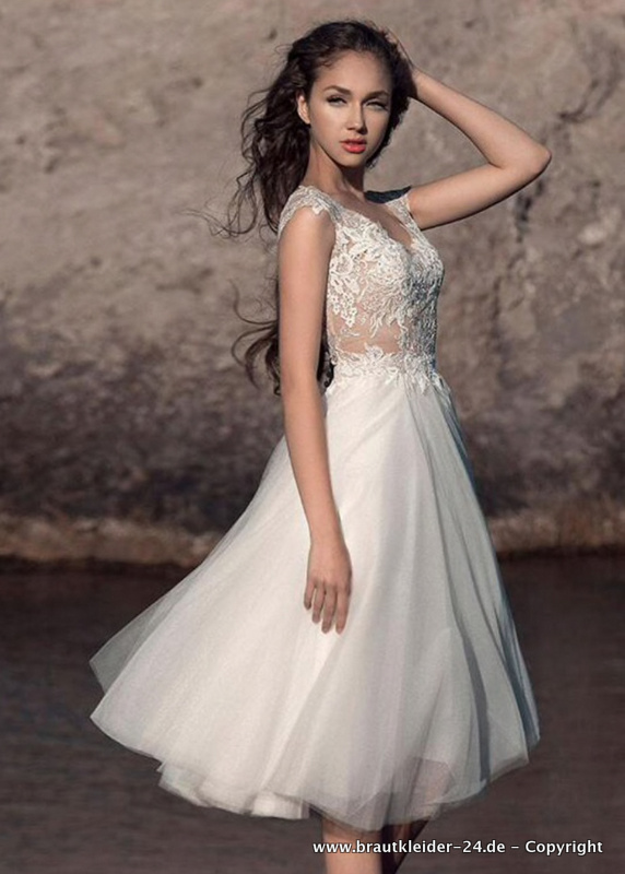 Chiffon Brautkleid Knielang mit&nbsp;Spitze