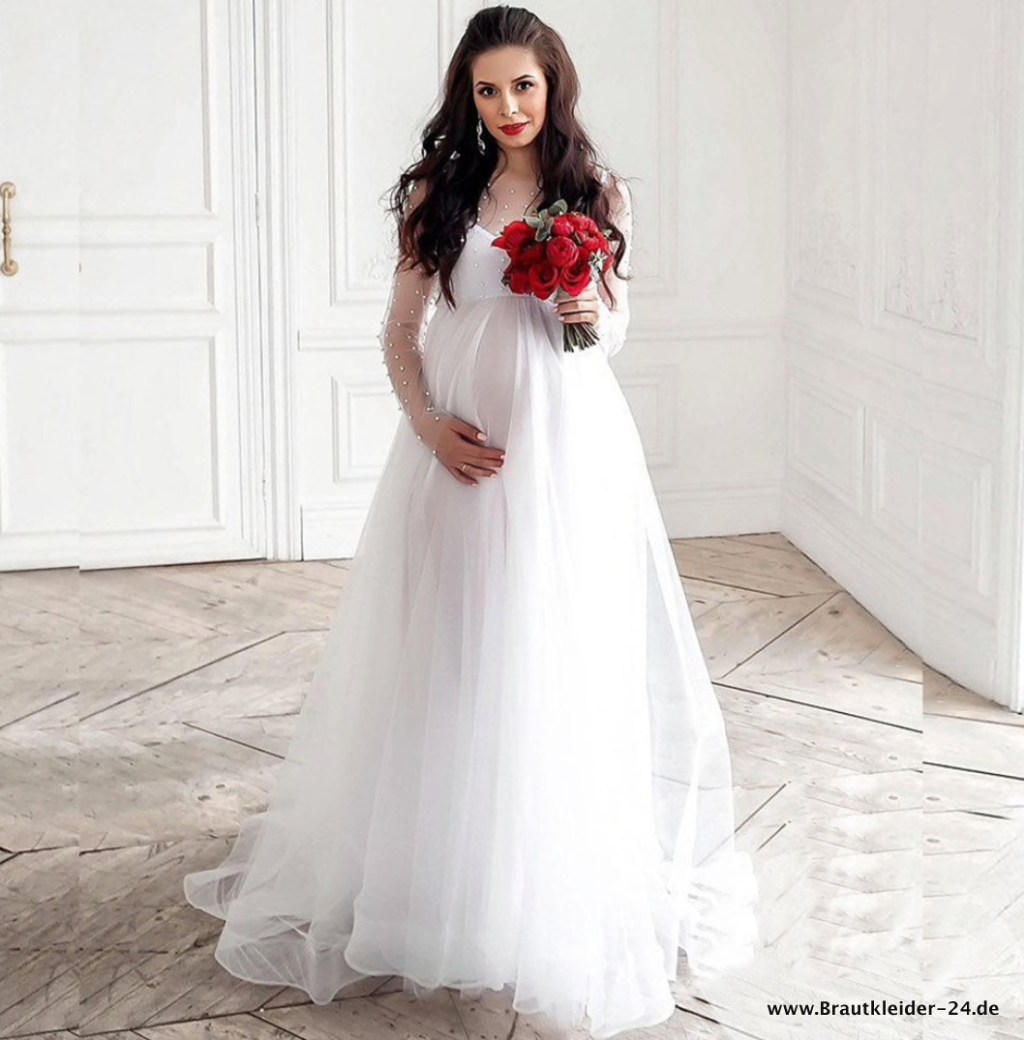 A Linie Langarm Brautkleid für Schwangere mit Perlen in&nbsp;Weiß