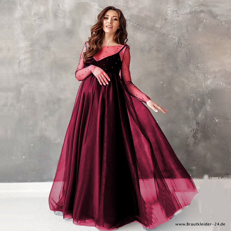 A Linie Langarm Brautkleid für Schwangere mit Perlen in&nbsp;Weinrot