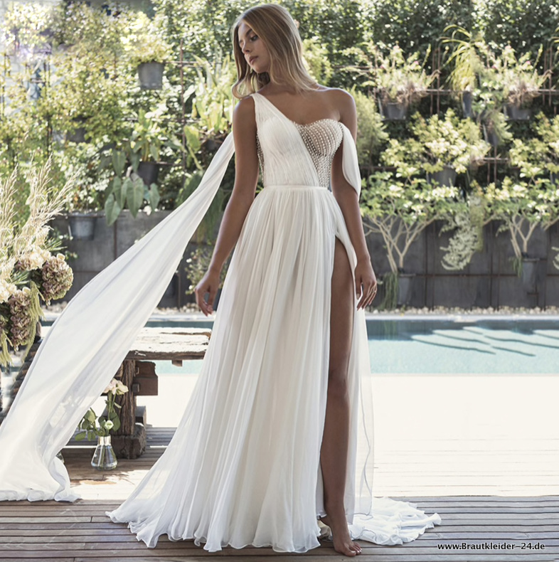 One Shoulder Chiffon Brautkleid mit Perlen&nbsp;Bustie