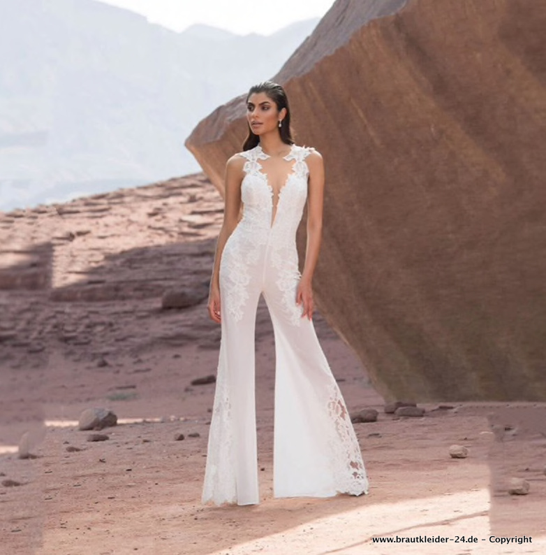 Sexy Braut Overall Jumpsuit Einteiler Lang mit Illusion Ausschnitt und&nbsp;Spitze