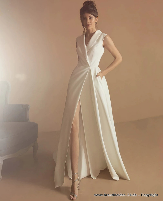 A Linie Wickel Kleid für die Braut Lang mit V Ausschnitt&nbsp;Standesamtmode