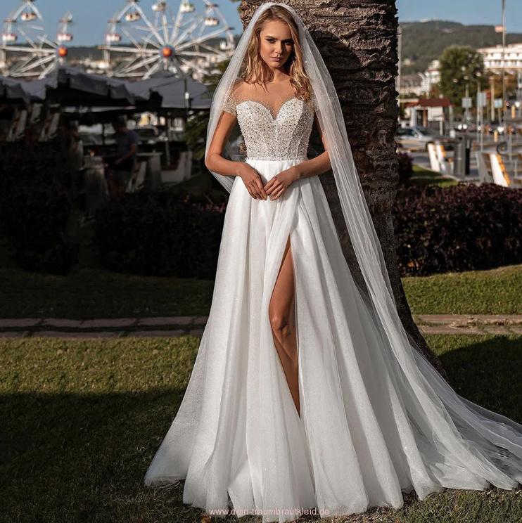 Schulterfreies A Linie Brautkleid Lhea mit Tüll Rock und Glitzer&nbsp;Pailletten