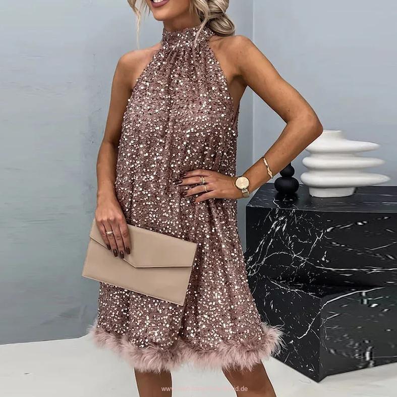 A Linie Glitzer Hängerchen Kleid Elegant für Hochzeitsgäste in&nbsp;Karamell