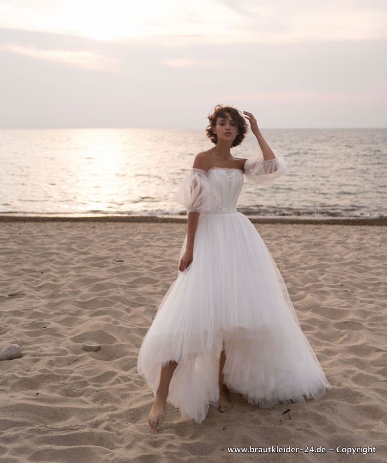 Schulterfreies Tüll Vokuhila Brautkleid Paola Vorne Kurz Hinten&nbsp;Lang