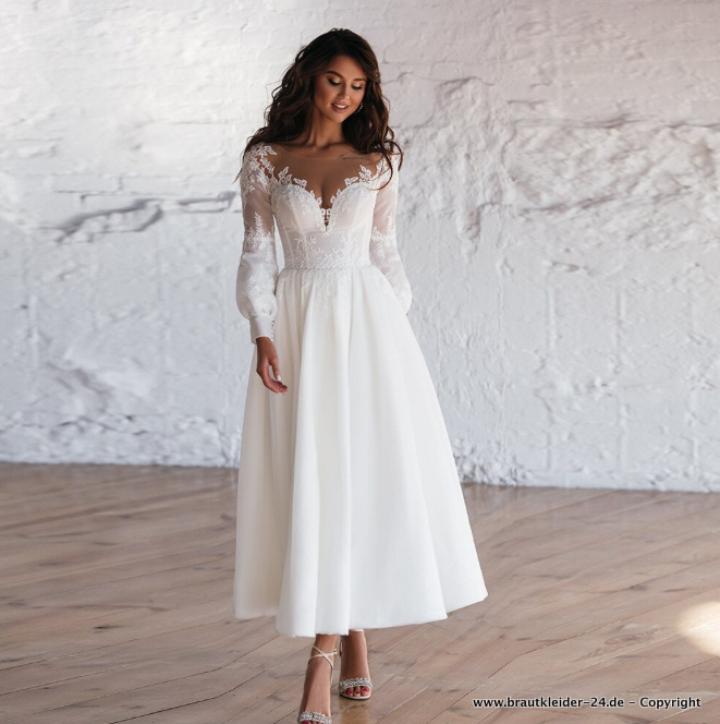 A Linie Langarm Kleid Pamina für die Braut mit Spitze Ärmel&nbsp;Knöchellang