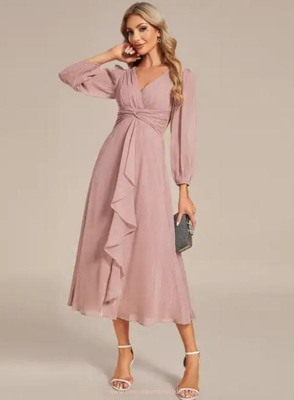 Langarm Chiffon Kleid für Hochzeitsgäste Mina Wadenlang in&nbsp;Altrosa