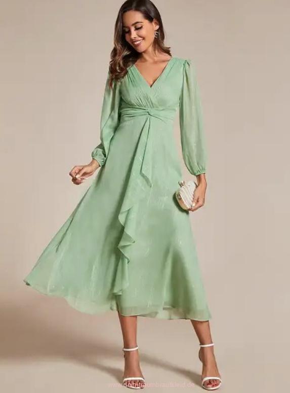 Langarm Chiffon Kleid für Hochzeitsgäste Mina Wadenlang in&nbsp;Mintgrün