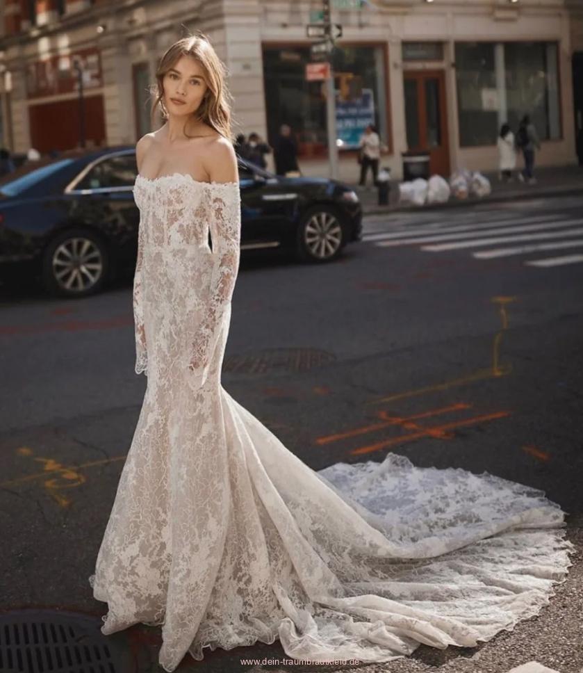 Schulterfreies Bustie Meerjungfrau Brautkleid Maura mit Spitze Schleppe und&nbsp;Ärmel
