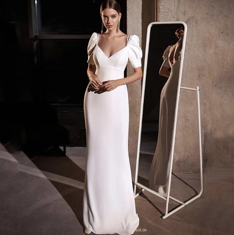 Kurzarm Empire Brautkleid Merian Bodenlang mit V&nbsp;Ausschnitt