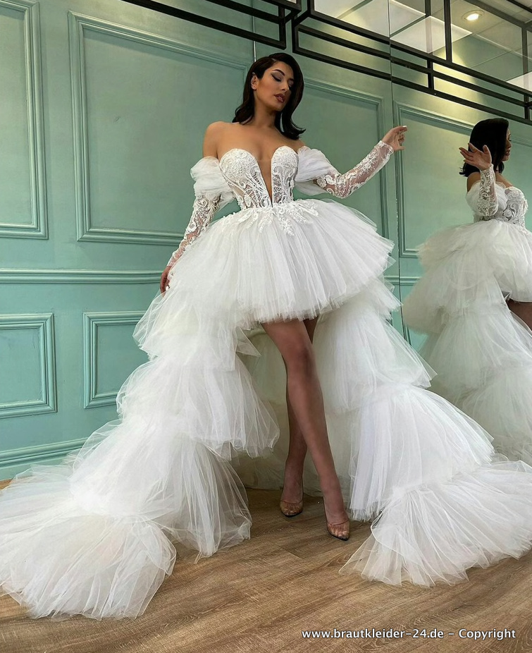 Vokuhila Tüll Brautkleid Schulterfrei mit&nbsp;Ärmel