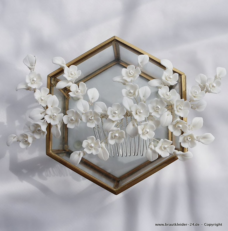 Braut Haarkamm und Ohrringe im Set mit Keramikblumen Weiß&nbsp;Silber
