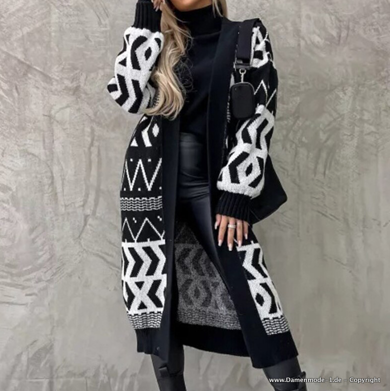 Lange Strickjacke Herbst Frühling Cardigan in Schwarz&nbsp;Weiß