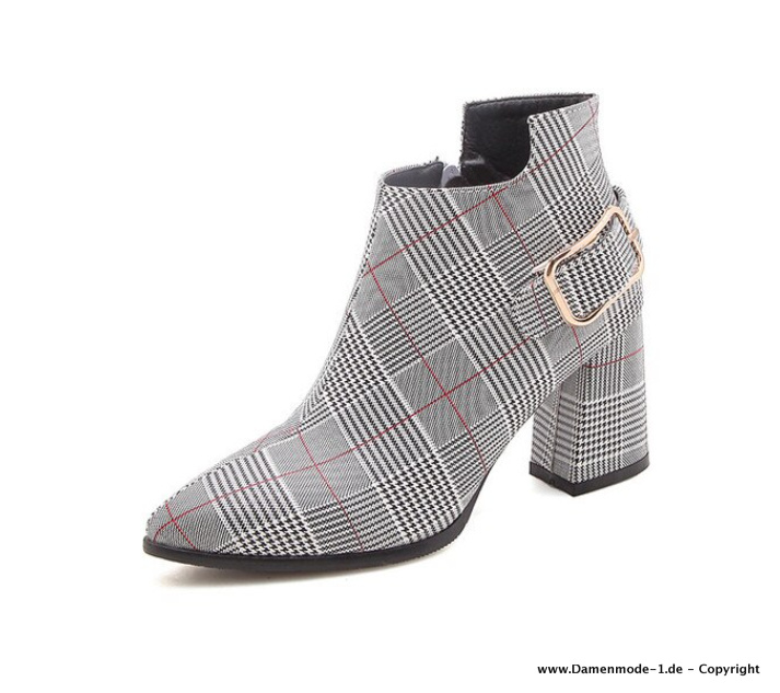 Herbst Winter Stiefeletten in Grau Kariert mit Schnalle und&nbsp;Reißverschluss
