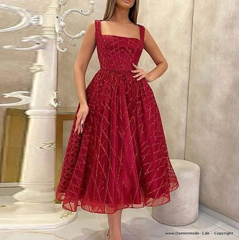 Elegantes A Linie Kleid In Rot Wadenlang mit Blase&nbsp;Rock