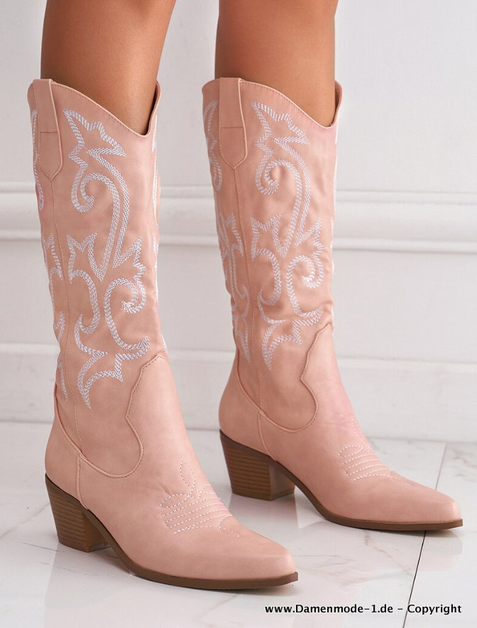 Herbst Frühling Westernstyle Cowboy Stiefel in Rosa&nbsp;Bestickt