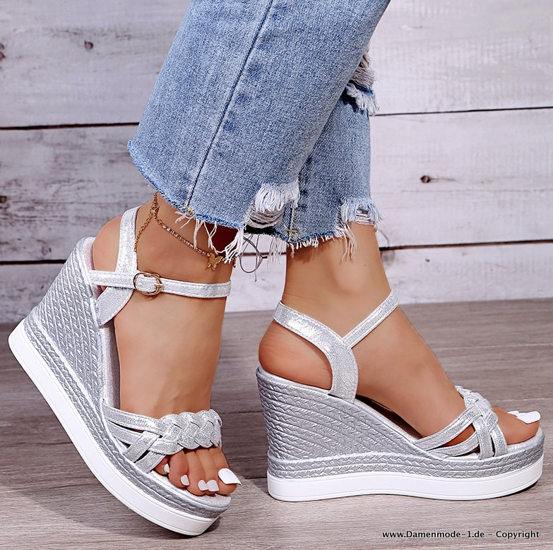 Damen Wedges Sommer Schuhe mit Keil Absatz in&nbsp;Silber