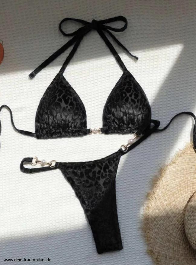 Samt Leopard Print Micro Halterneck Bikini&nbsp;Schwarz