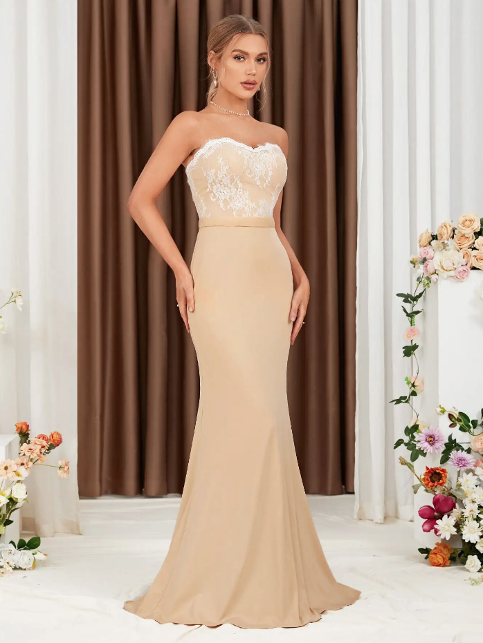 Schulterfreies Meerjungfrau Kleid Elegant in Champagne mit&nbsp;Spitze