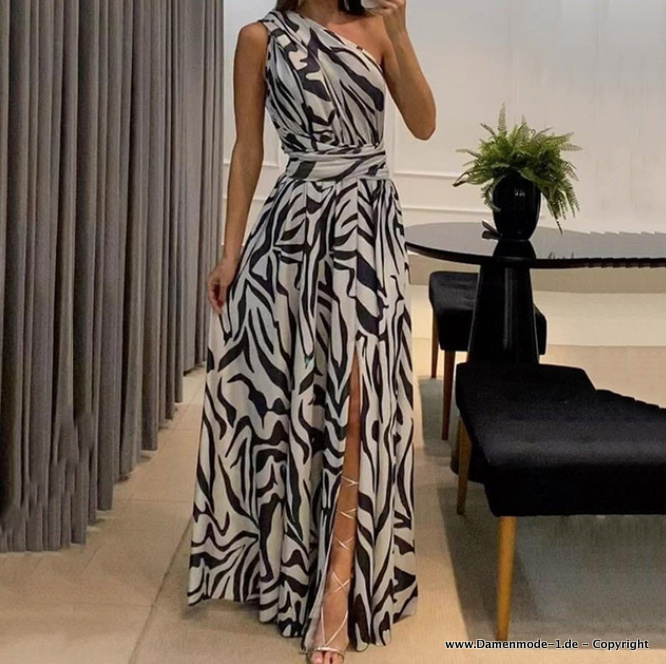 One Shoulder Maxi Kleid Lang Elegant in Braun&nbsp;Schwarz