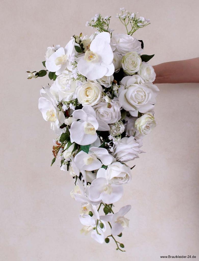 Wasserfall Hochzeit Bouquet Brautstrauß in Weiß mit Orchideen und&nbsp;Rosen