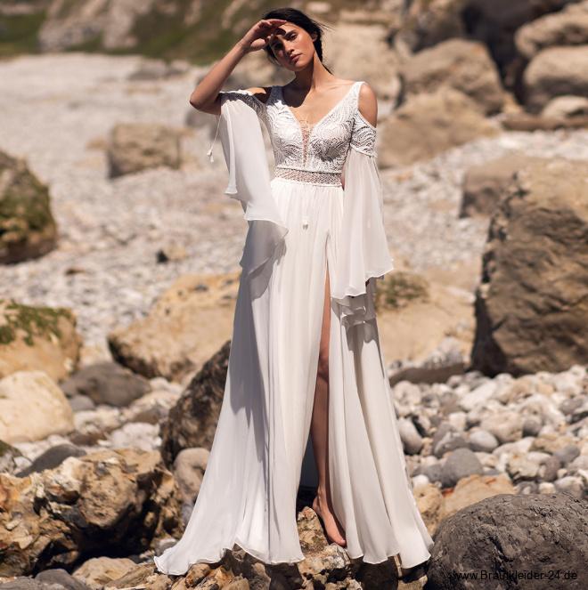 Boho Style Chiffon Brautkleid Heather mit Cut Out Schulter&nbsp;Bodenlang