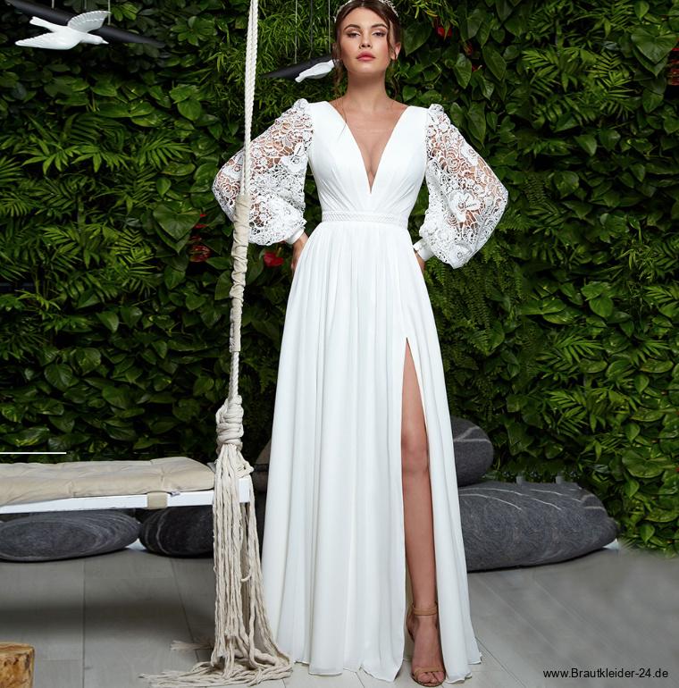 A-Linie Chiffon Brautkleid Hanako mit Spitzen Ärmel&nbsp;Bodenlang