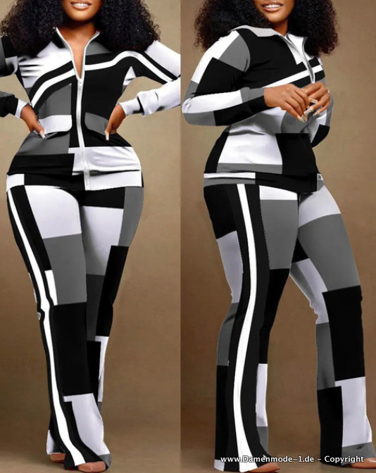 Damen Freizeitanzug mit Zipper Jacke in Schwarz&nbsp;Weiß