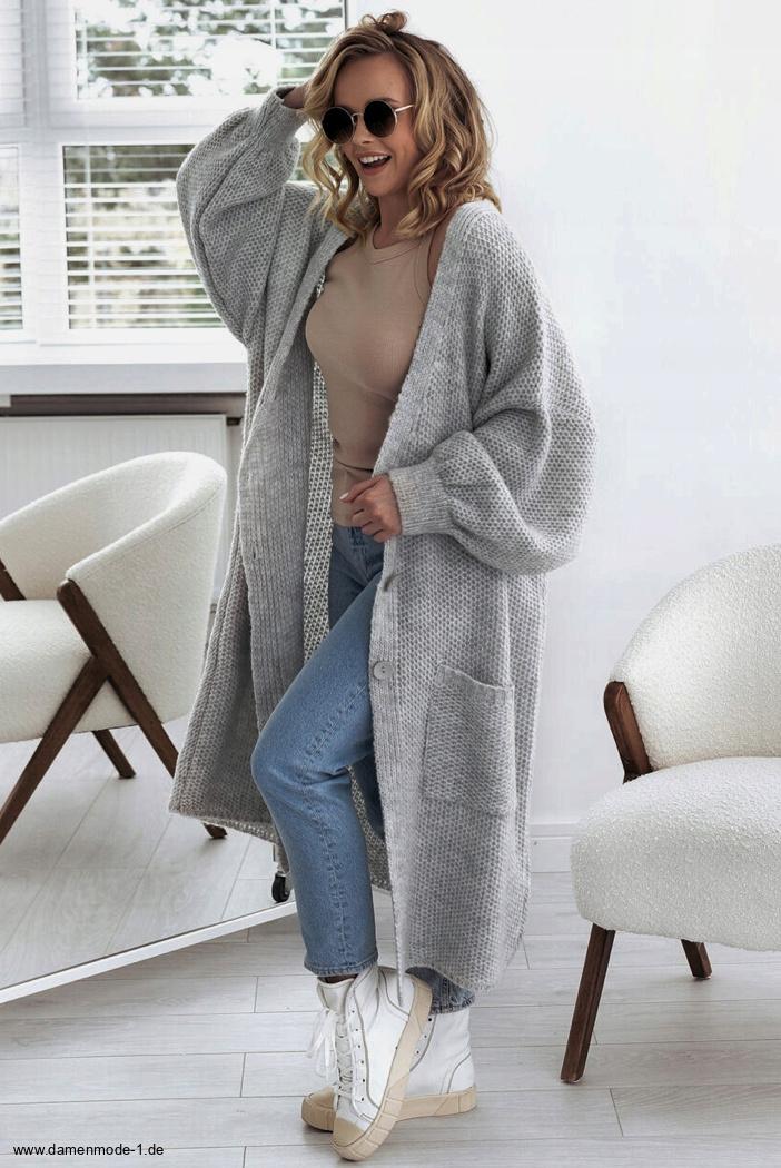 Lange Dünne Strickjacke Cardigan in Silbergrau mit&nbsp;Taschen