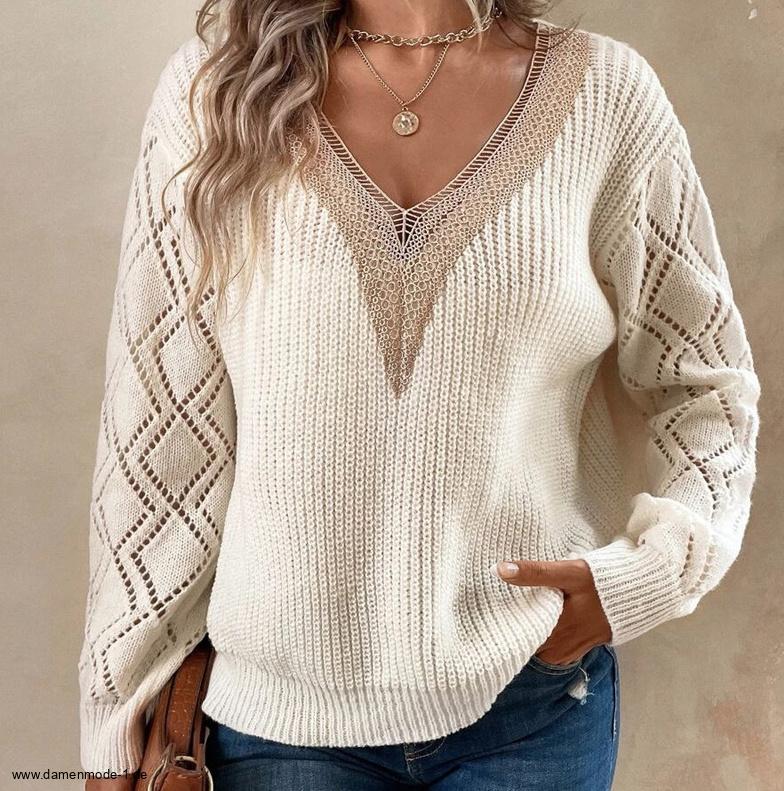 Damen Strick Pullover mit V Ausschnitt in Beige&nbsp;Creme