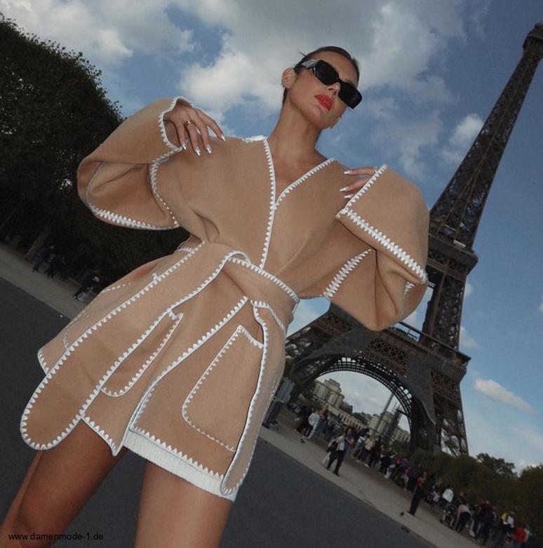 Elegante Kurze Herbst Winter Damen Jacke in Beige zum Binden mit&nbsp;Applikationen