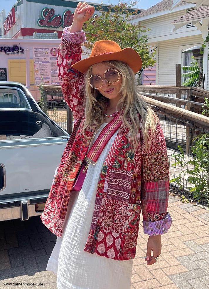 Patchwork Übergangsjacke für Damen in Rot zum&nbsp;Binden